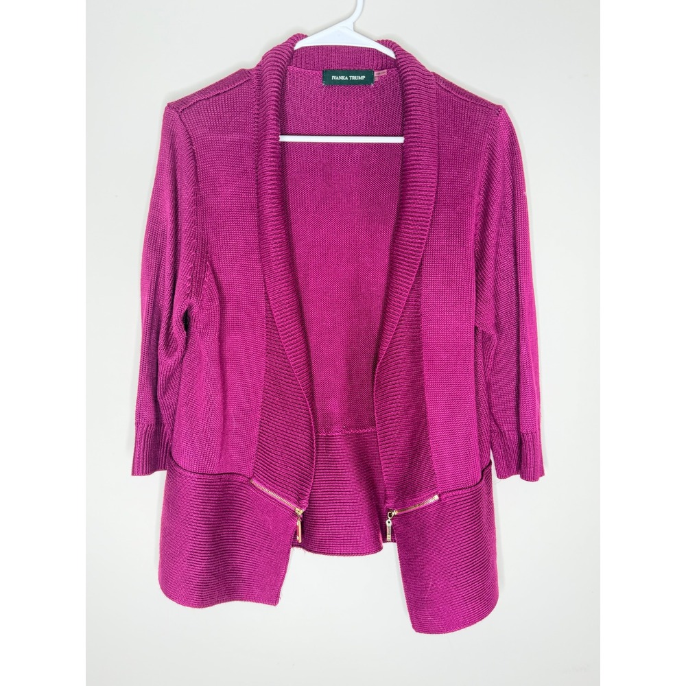 Ivanka Trump Magenta Open Front Zip Accent‎ Cardigan Sweater Women's Large L - Picture 2 of 7